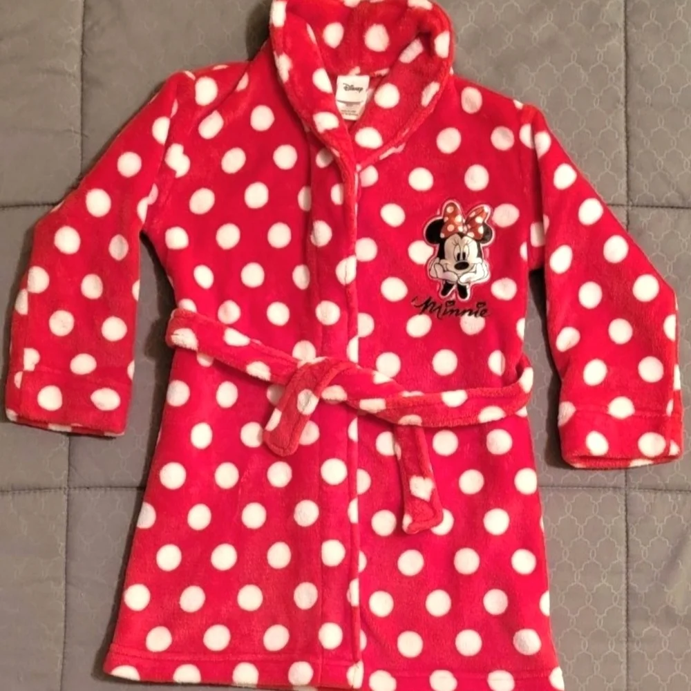 Disney Minnie Mouse Girls Fleece Robe Red White Poka Dots 4T/5T Bath Beach Pool